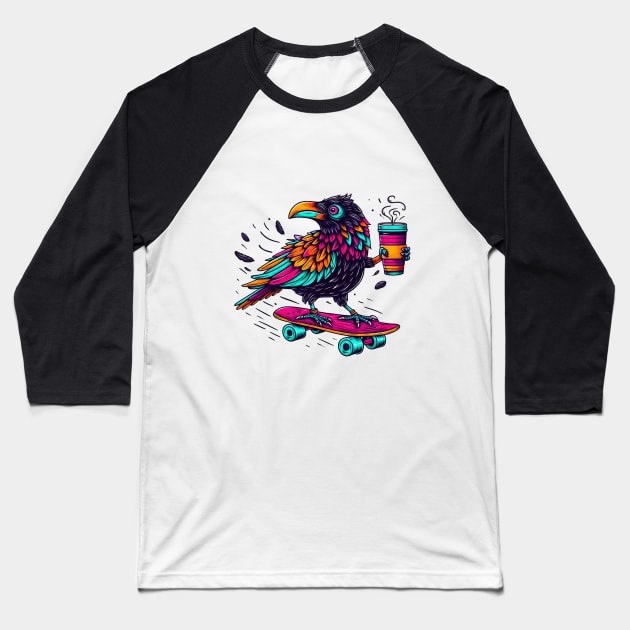 Cawfee Crow Baseball T-Shirt by BukovskyART